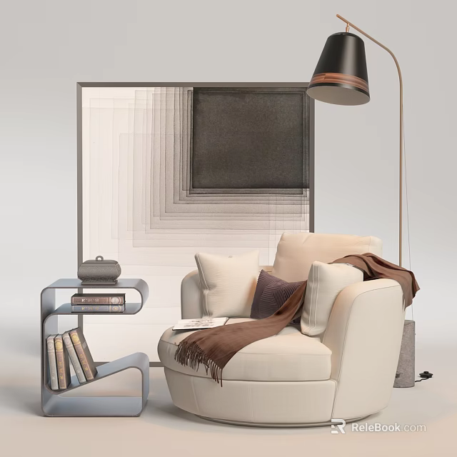 Beige Armchair With Plush Pillows Cozy Throw Blanket Side Table Books And Modern Floor Lamp 3d model 