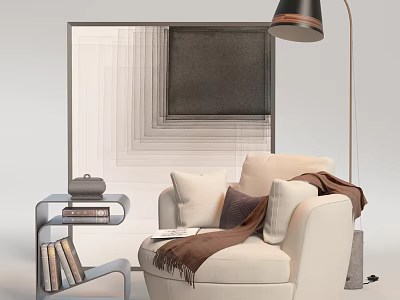 Beige Armchair With Plush Pillows Cozy Throw Blanket Side Table Books And Modern Floor Lamp 3d model