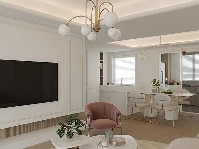 Modern Living Dining Room Interior Design With Large TV Pink Armchair And Golden Chandelier 3d model