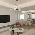 Modern Living Dining Room Interior Design With Large TV Pink Armchair And Golden Chandelier