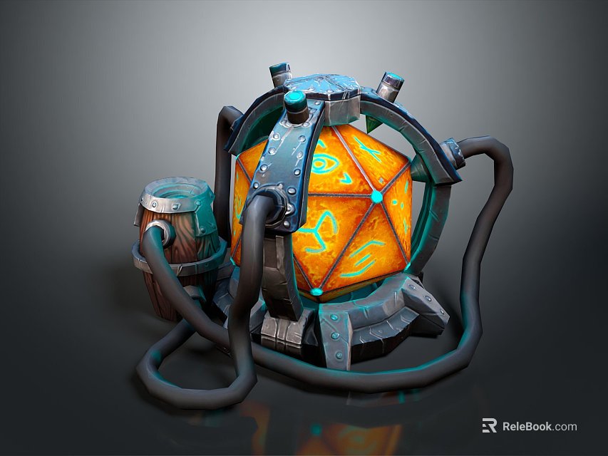 Mystical Landscape With Glowing Orange Orb Mechanical Frame And Wooden Barrel 3d model 