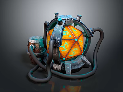 Mystical Landscape With Glowing Orange Orb Mechanical Frame And Wooden Barrel 3d model