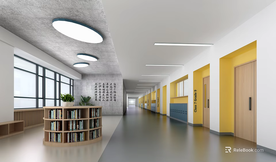Elevator Hallway With Yellow Walls Wooden Doors Bookshelf Calligraphy Decor And Ceiling Lights 3d model 