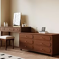 Vintage Walnut Wood Dressing Table With Large Capacity Storage Cabinet Makeup Mirror And Comfortable Stool