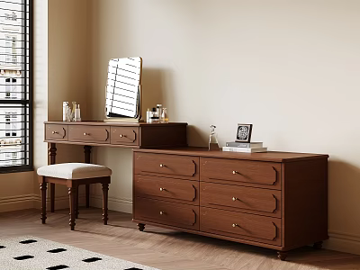 Vintage Walnut Wood Dressing Table With Large Capacity Storage Cabinet Makeup Mirror And Comfortable Stool 3d model