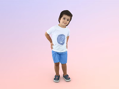 Boy Wearing White T-shirt With Round Graphic And Blue Shorts Standing On Pastel Gradient Background 3d model