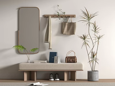Wooden Bench In Entryway With Rectangular Mirror Gray Wall Green Plants And Brown Handbag 3d model