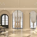 Elegant Bridal Shop Showcasing Luxury Wedding Dress on Round Platform with Marble Floor and Mirrors