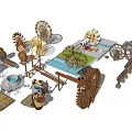 Traditional Garden Ornaments Collection Featuring Water Wheels Pavilions Bridges And Ponds
