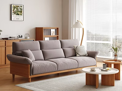 Gray Sofa with Wooden Frame and Round Coffee Tables in Modern Living Room with Pillows 3d model