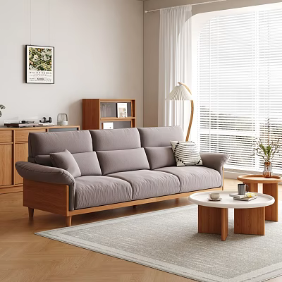 Gray Sofa with Wooden Frame and Round Coffee Tables in Modern Living Room with Pillows 3d model