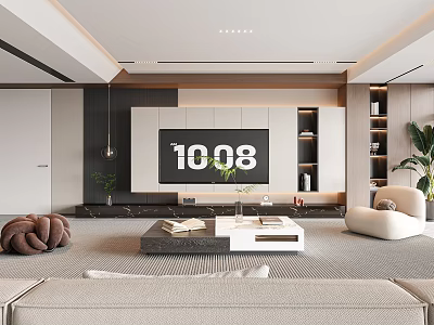 Modern Living Room Interior With TV Wall Coffee Table Beige Sofa And Plants 3d model