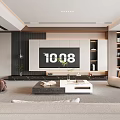 Modern Living Room Interior With TV Wall Coffee Table Beige Sofa And Plants