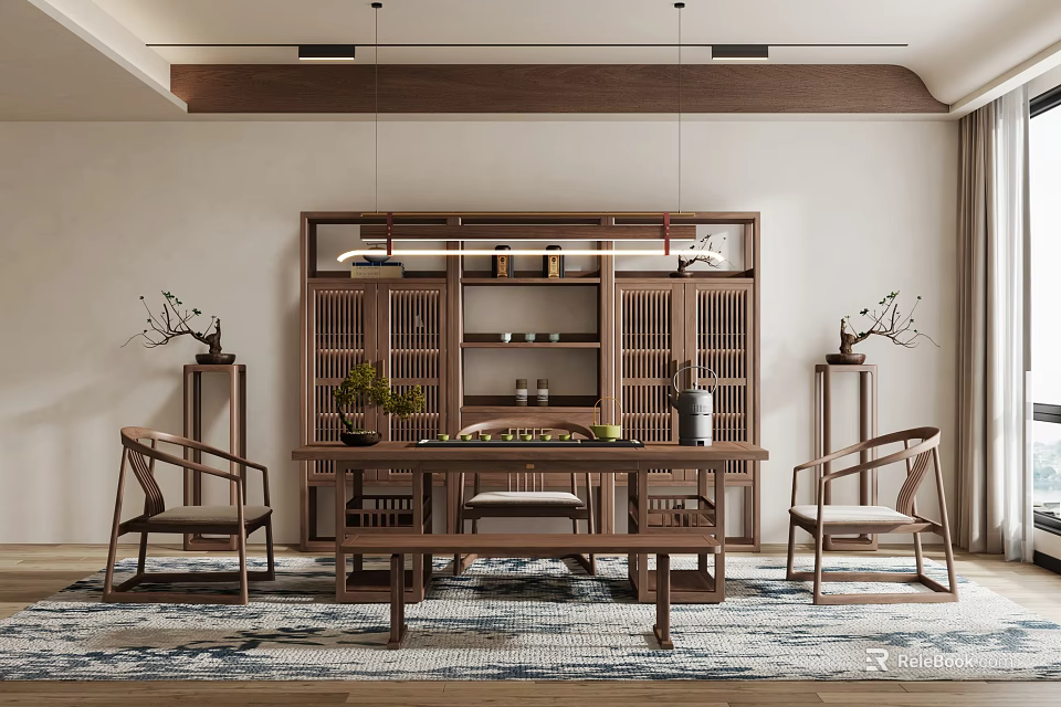 Traditional Chinese Tea Room Interior With Wooden Furniture Tea Sets Lattice Cabinet And Decorative Plants 3d model 