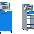 Public Facility Self Service Kiosks with Blue White Cabinet Open Door Wheels and Display Screen