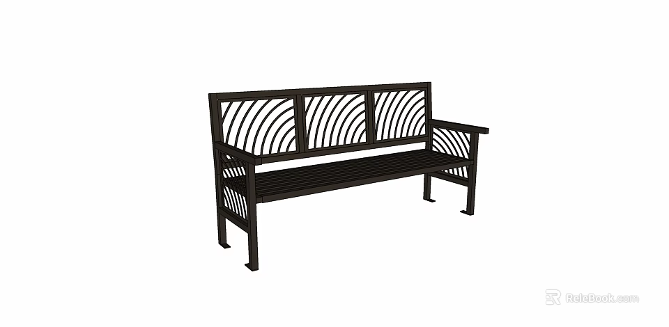 Black Metal Outdoor Bench with Striped Backrest for Garden Patio Seating 3d model 