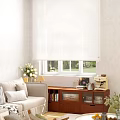White Window Blinds In Bright Living Room With Green Outdoor View