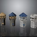 Four Diverse Style Tower Architecture Models With Wooden Stone And Blue Roof Designs
