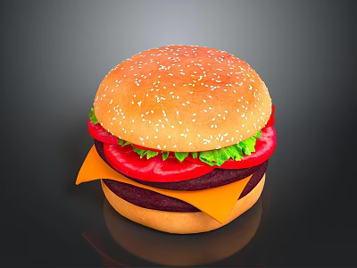 Delicious Burger With Sesame Seed Bun Fresh Lettuce Tomato Slices Cheese And Beef Patty 3d model