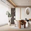 Modern Restaurant Interior With Round Dining Table Pendant Light Beige Brown Chairs And Green Plant