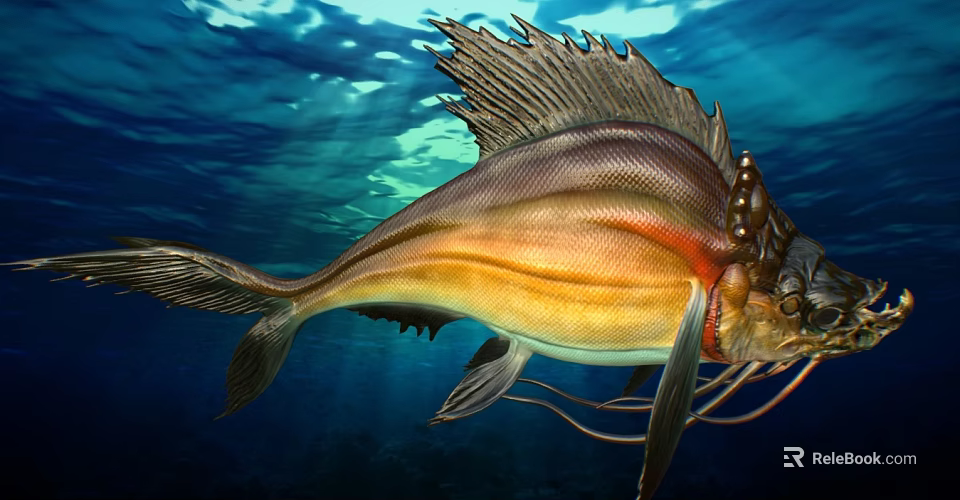 Deep Sea Fish With Unique Sail Like Dorsal Fin Yellow Brown Coloration And Long Whiskers 3d model 