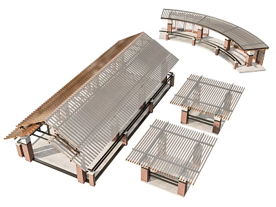 Modern Outdoor Pergola Structures With Metal Roofing And Grid Panels 3d model