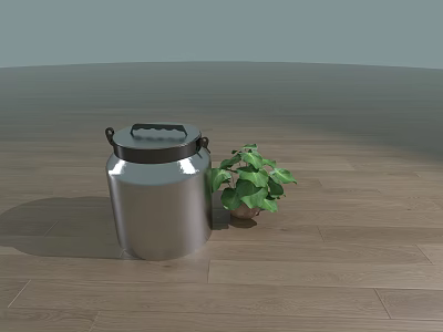 Silver Metal Canister With Handle And Green Plant On Wooden Floor For Home Use 3d model