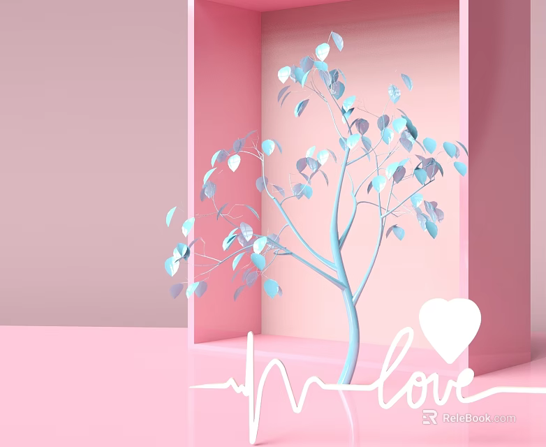 Pink Background Pink Frame Blue Tree With Silver Blue Leaves Love Lettering And Heart Shape 3d model 
