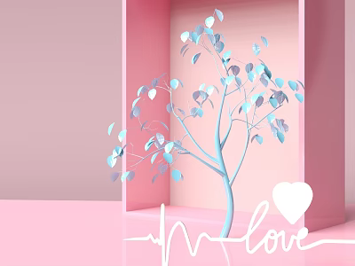 Pink Background Pink Frame Blue Tree With Silver Blue Leaves Love Lettering And Heart Shape 3d model
