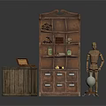 Rustic Wooden Bookshelf With Shelves Drawers And Storage Chest Globe Decorative Mannequin