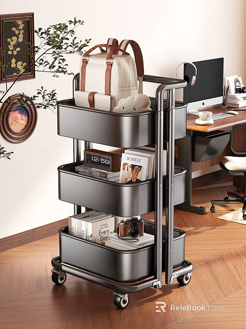 Multi Tier Rolling Storage Rack with Magazines Camera And Books in Modern Office Workspace 3d model 