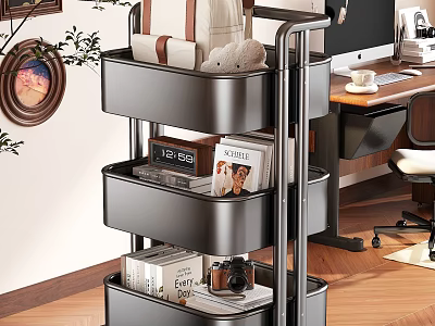 Multi Tier Rolling Storage Rack with Magazines Camera And Books in Modern Office Workspace 3d model