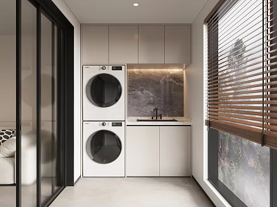 Modern Home Balcony With Stacked Washing Machine Dryer White Cabinets Sink And Wooden Blinds 3d model