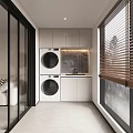 Modern Home Balcony With Stacked Washing Machine Dryer White Cabinets Sink And Wooden Blinds