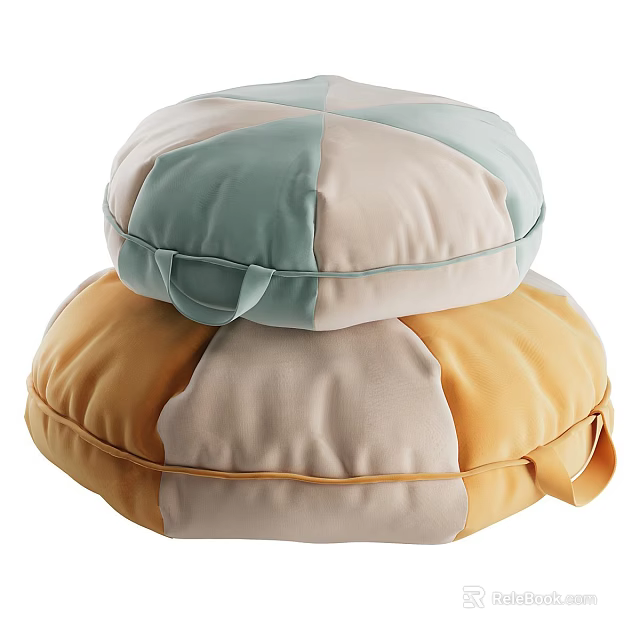 Stacked Round Patchwork Cushions With Light Blue Beige And Orange Tones 3d model 