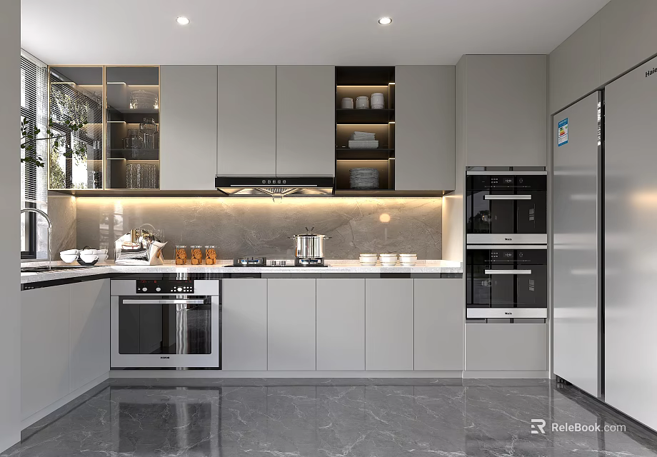 Modern Kitchen Interior Design With Gray Cabinets Stainless Steel Appliances And Countertop 3d model 