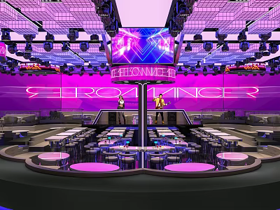 Modern Stylish Bar Interior With Purple Lighting Stage Performers And Tables 3d model
