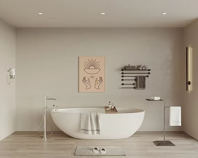Modern Minimalist Bathroom With Freestanding Bathtub Wall Art And Towels 3d model