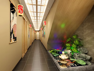 Traditional Hotel Corridor with Red Lanterns Decorative Paintings Green Plants Rockery And Water Feature 3d model