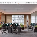 Modern Public Office Interior With Workstations Computers Green Plants And Large Windows 3d model