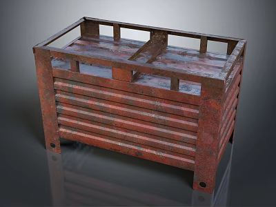 Vintage Red Wooden Storage Crate With Slatted Sides Top Frame And Wheels 3d model
