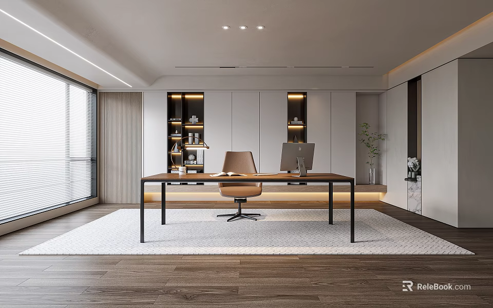 Modern Study Room Interior Design With Writing Desk Office Chair And Large Window 3d model 