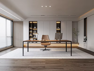 Modern Study Room Interior Design With Writing Desk Office Chair And Large Window 3d model