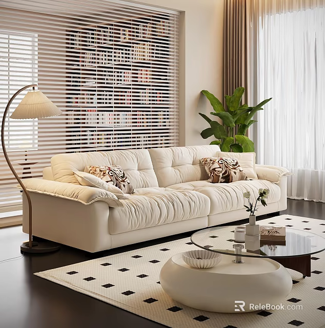 Modern Beige Sofa Glass Coffee Table Set With Throw Pillows Green Plant And Floor Lamp 3d model 