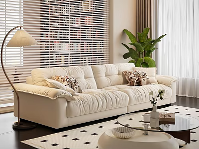 Modern Beige Sofa Glass Coffee Table Set With Throw Pillows Green Plant And Floor Lamp 3d model
