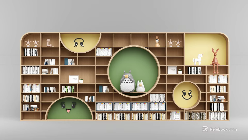 Wooden Bookcase Design With Circular Compartments Green Backdrop Star Decorations And Cartoon Figures 3d model 