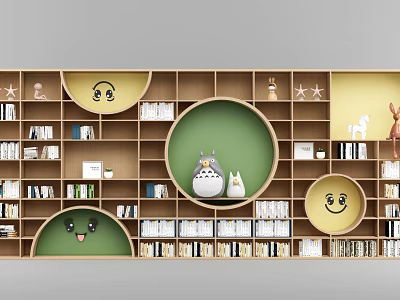 Wooden Bookcase Design With Circular Compartments Green Backdrop Star Decorations And Cartoon Figures 3d model