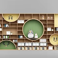 Wooden Bookcase Design With Circular Compartments Green Backdrop Star Decorations And Cartoon Figures