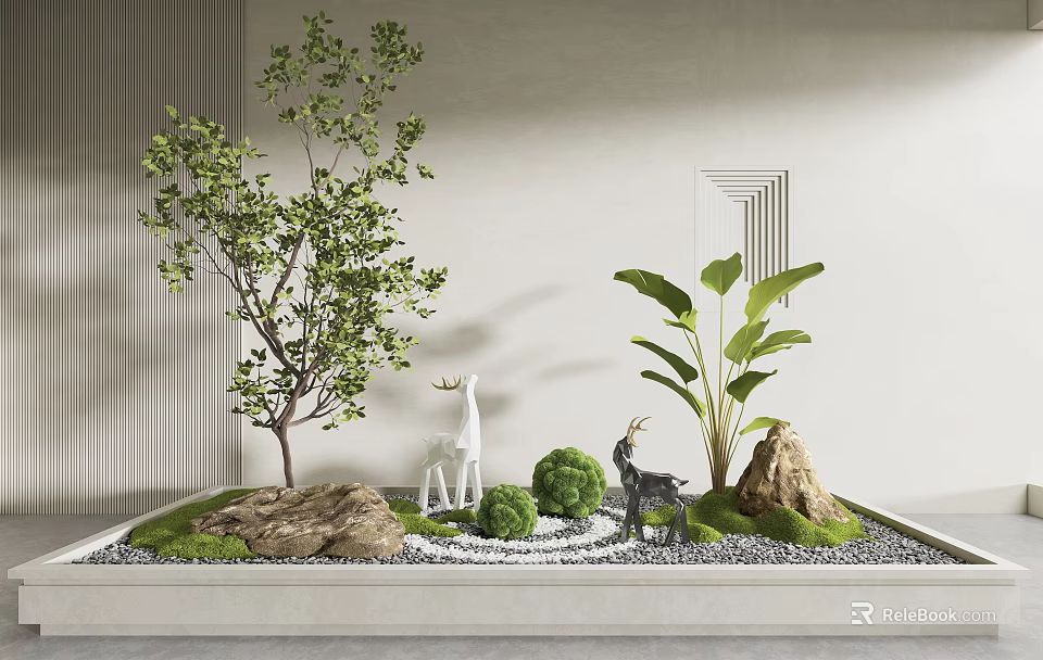 Miniature Garden Scene with Green Tree Large Leaf Plant Deer Goat Figurines Rocks Moss Pebbles 3d model 