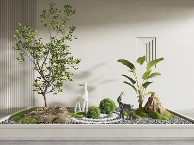 Miniature Garden Scene with Green Tree Large Leaf Plant Deer Goat Figurines Rocks Moss Pebbles 3d model